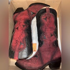 Black and red corral boots